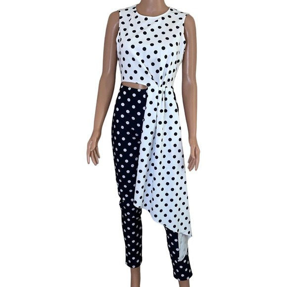 Venus Drape Cutout Jumpsuit polka dot romper black/white back zip SZ XS … - Picture 2 of 11